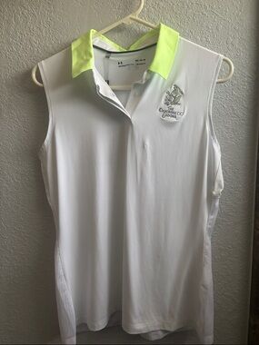 NWT Under Armour White Sleeveless Golf Polo w/ Neon Green Collar Oakcreek CC